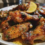 A plate of hot honey wings showcasing their appetizing, shiny finish and garnished edges.