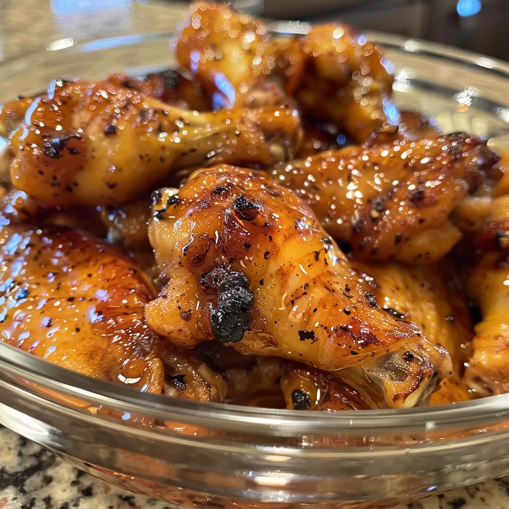 Appetizing hot honey wings with a shiny glaze, arranged appetizingly.