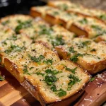 Close-up of golden-brown garlic bread topped with herbs and cheese.