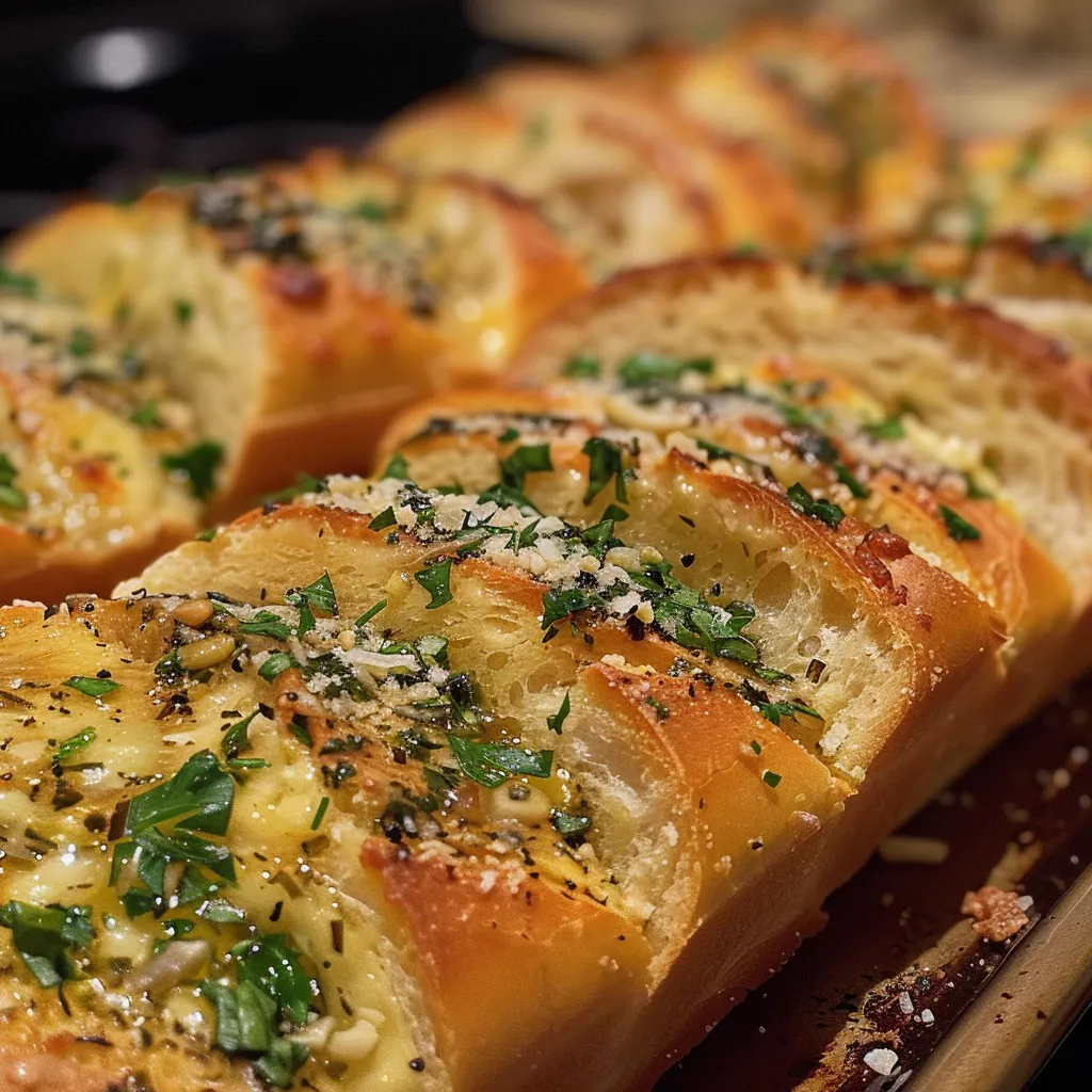 Sliced garlic bread with melted butter, garlic, and fresh parsley.