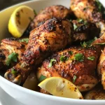 A side view of golden-brown chicken thighs with fresh parsley and lemon on a plate.