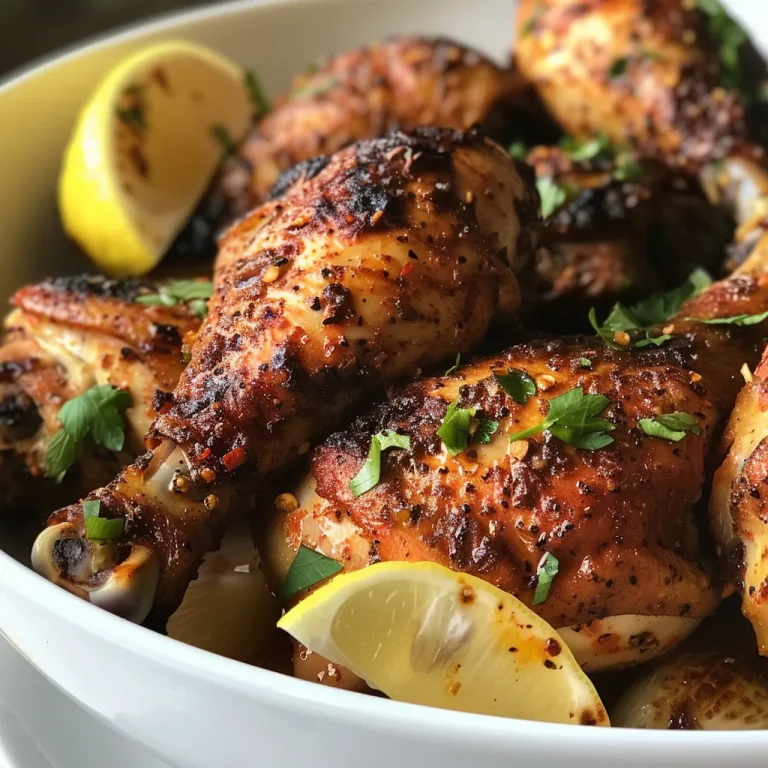 A side view of golden-brown chicken thighs with fresh parsley and lemon on a plate.