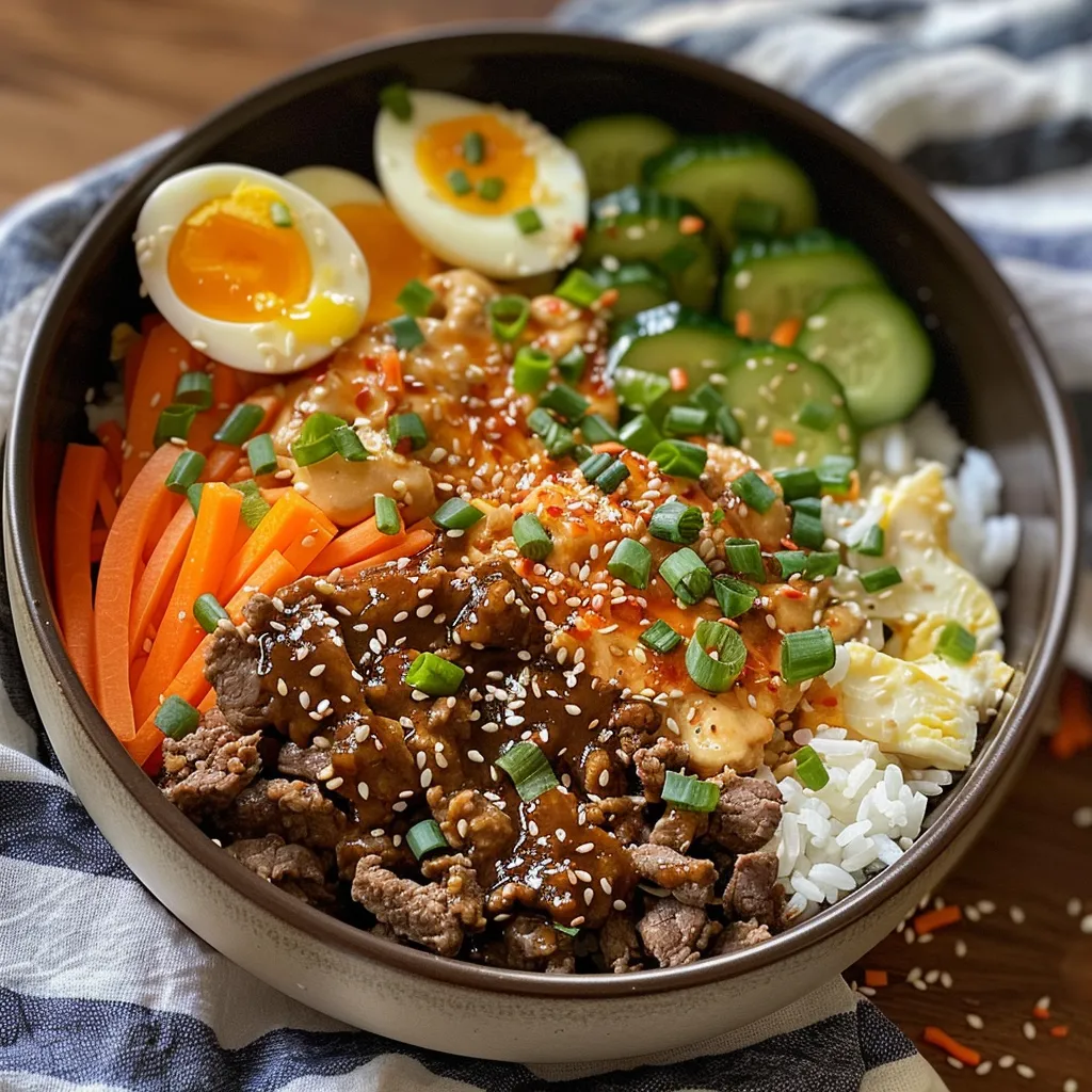 Side view of a Korean Beef Bowl showcasing ground beef, carrots, and green onions.