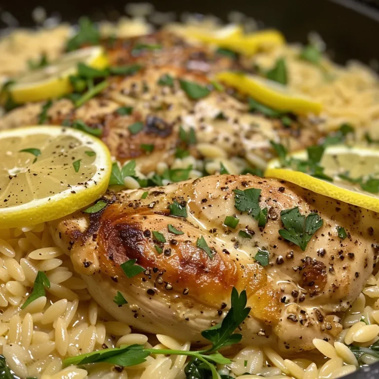Close-up of Lemon Chicken Orzo featuring chicken, orzo pasta, and spinach.