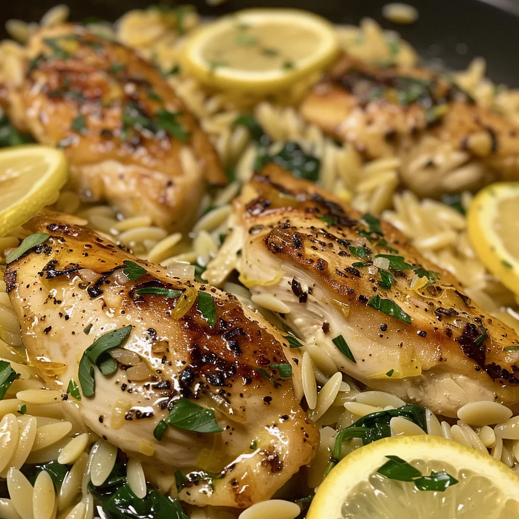 Side view of a bowl of Lemon Chicken Orzo with lemon slices and herbs.
