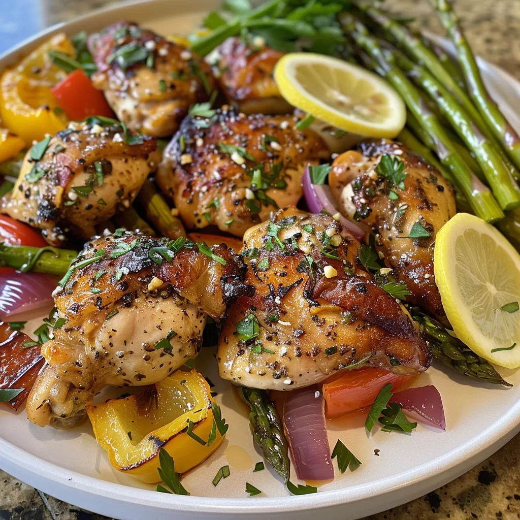 Side view of juicy lemon garlic chicken thighs surrounded by colorful mini bell peppers and asparagus.