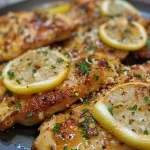 Juicy lemon garlic parmesan chicken thighs with crispy skin and halved baby potatoes.