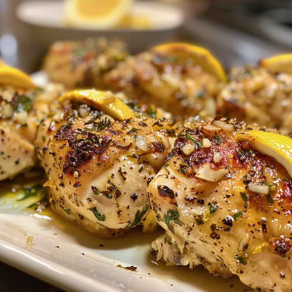 Close-up view of seasoned chicken thighs garnished with parsley and lemon zest.