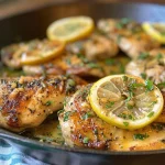 Juicy Lemon Herb Chicken in a skillet, garnished with fresh parsley and thyme.