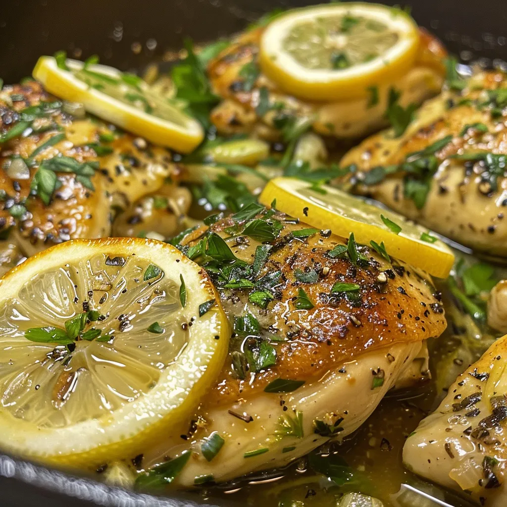 Detailed shot of Lemon Herb Chicken Skillet highlighting the cooking ingredients and herbs.