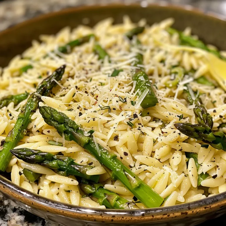 Close-up view of lemon Parmesan orzo garnished with fresh asparagus, featuring vibrant colors.