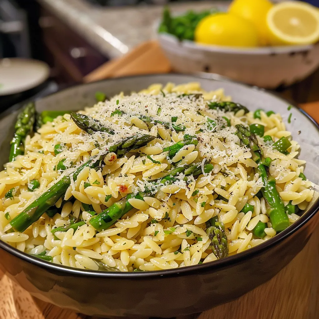 Side view of a plate filled with lemon Parmesan orzo and tender asparagus spears, highlighting the dish's textures.