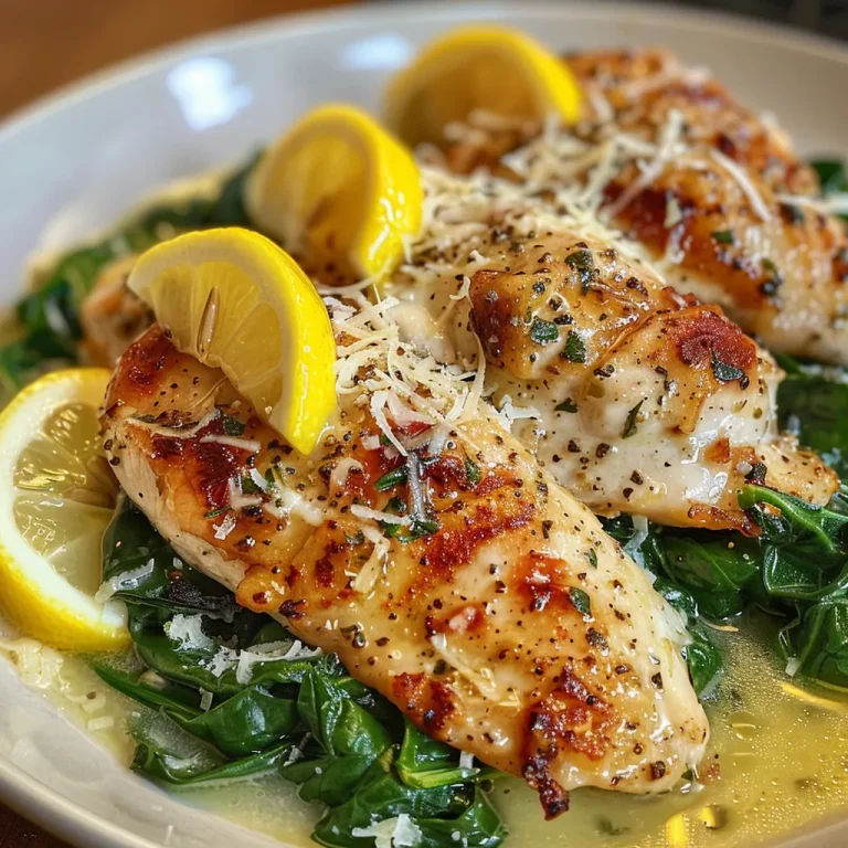 Close-up view of Lemon Parmesan Spinach Chicken on a plate, garnished with lemon slices and extra Parmesan.