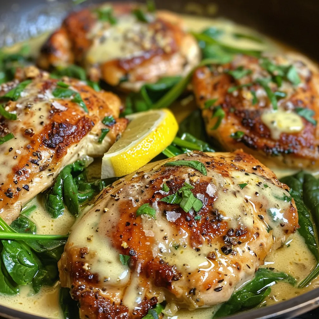 Juicy chicken breast with creamy spinach and lemon sauce, presented on a white dish.