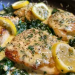 Juicy Lemon Spinach Parmesan Chicken with melted cheese and spinach on a plate.