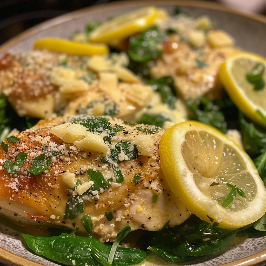 Close-up of Lemon Spinach Parmesan Chicken garnished with lemon slices and Parmesan.