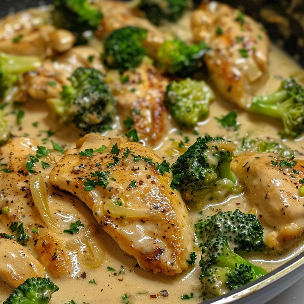 Delicious low carb creamy garlic chicken with broccoli, beautifully presented.
