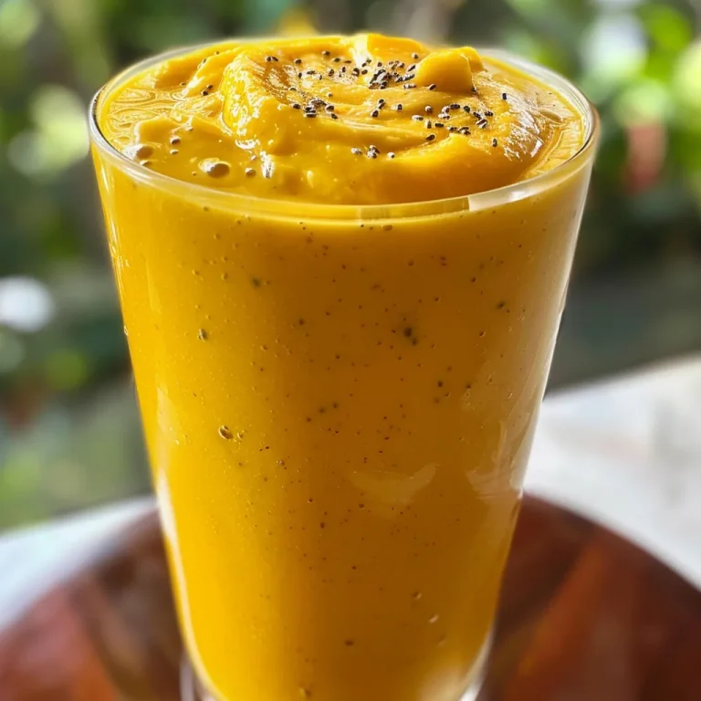 A close-up view of a vibrant mango peach smoothie in a glass, showcasing its creamy texture.