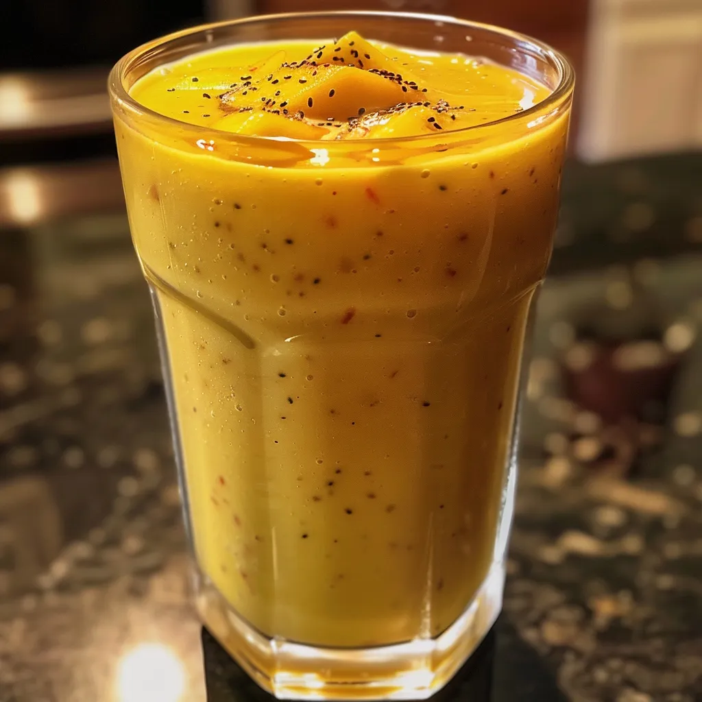 Side view of a refreshing mango peach smoothie, highlighting the colorful layers of fruit and milk.