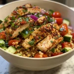 A close-up side view of a Mediterranean chicken couscous bowl with vibrant ingredients.
