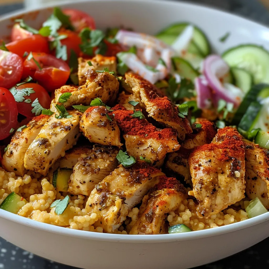 Vibrant Mediterranean Chicken Couscous Bowl with fresh vegetables and creamy yogurt.