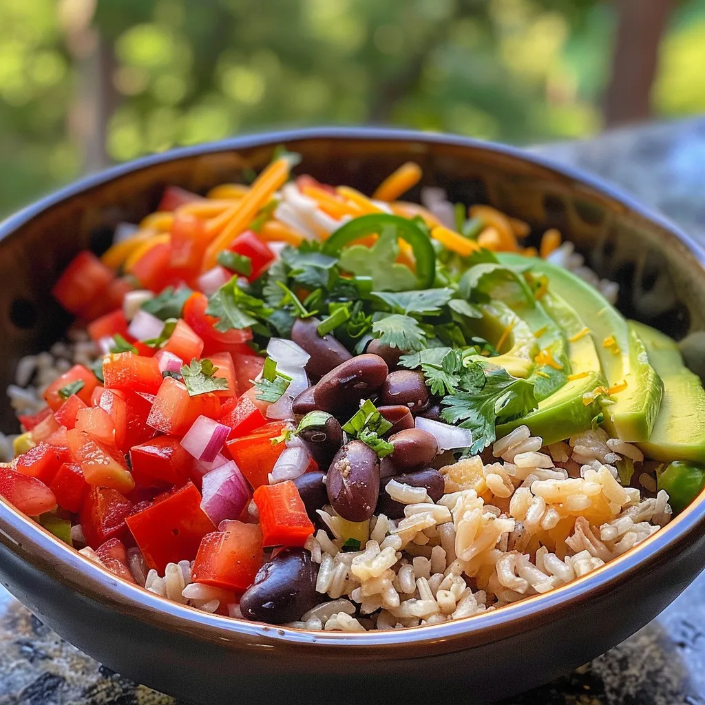Side view of a colorful burrito bowl featuring rice, beans, and toppings.