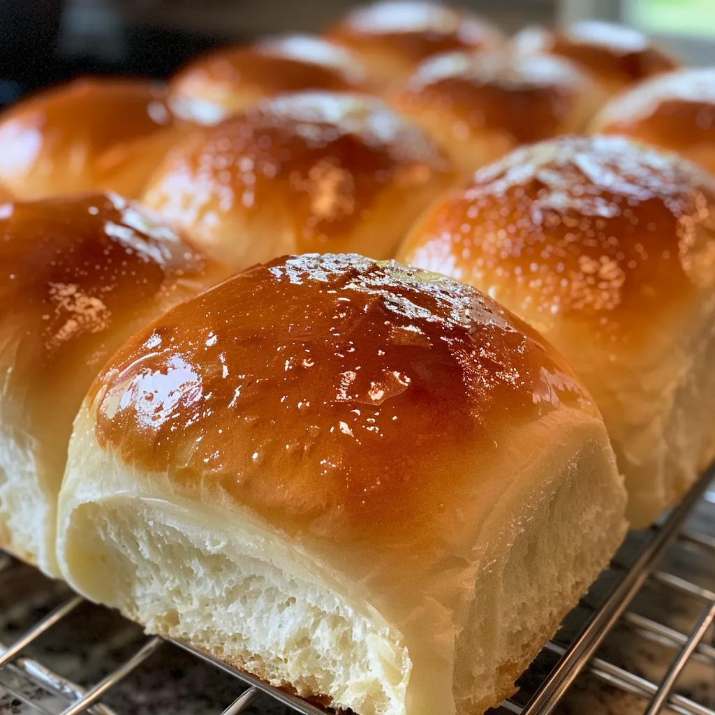 Side view of freshly baked milk bread rolls stacked on a white plate.