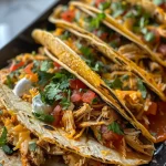 A side view of colorful mini tacos with melted cheese and toppings, captured on a phone.