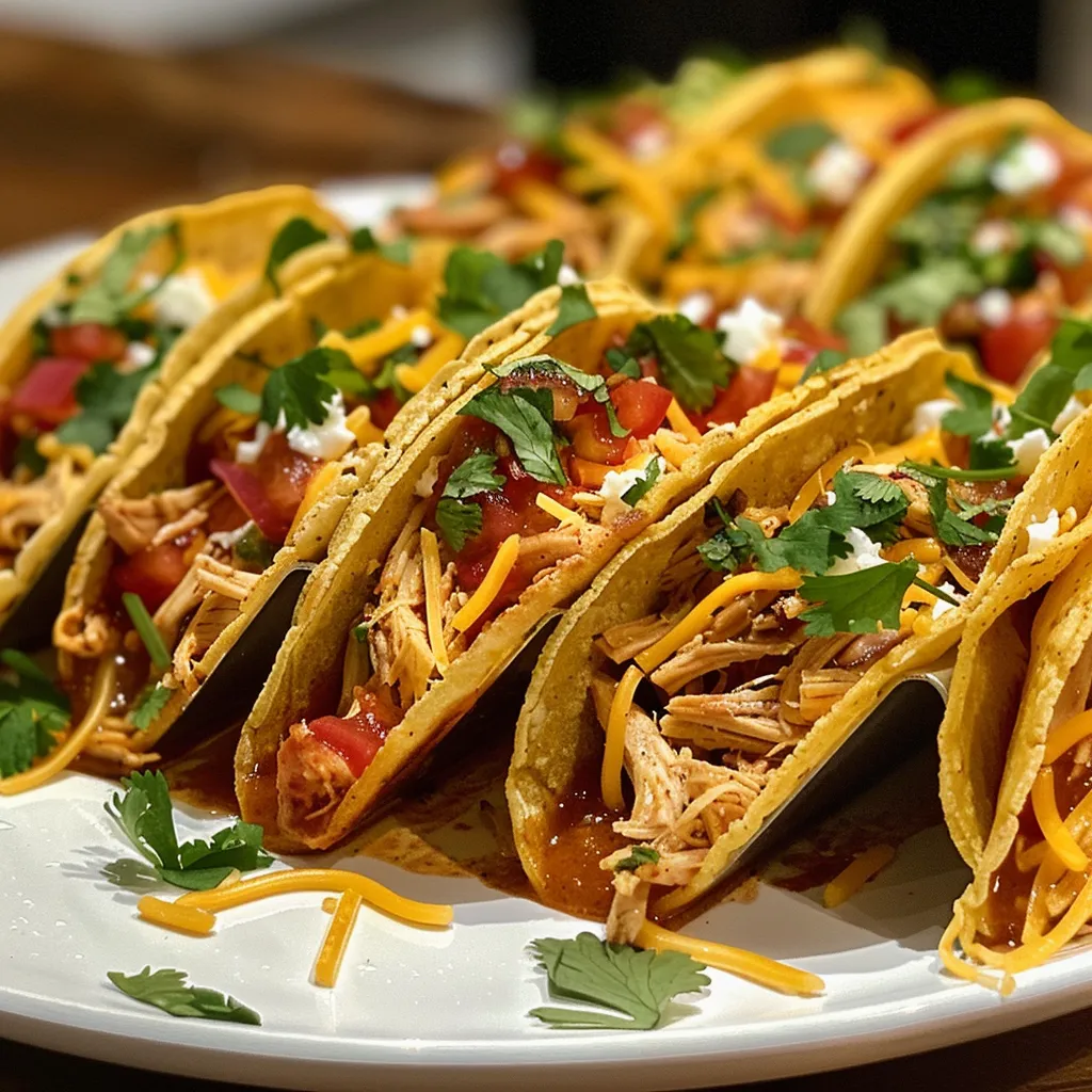 Delicious mini tacos with shredded chicken and toppings, displayed on a vibrant plate.