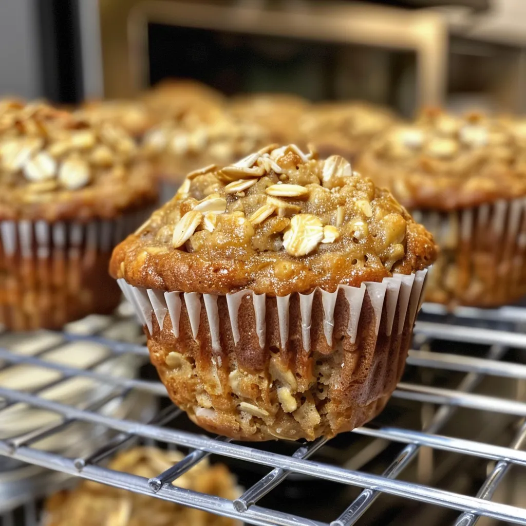 Side view of juicy banana oatmeal muffins with a golden-brown crust.