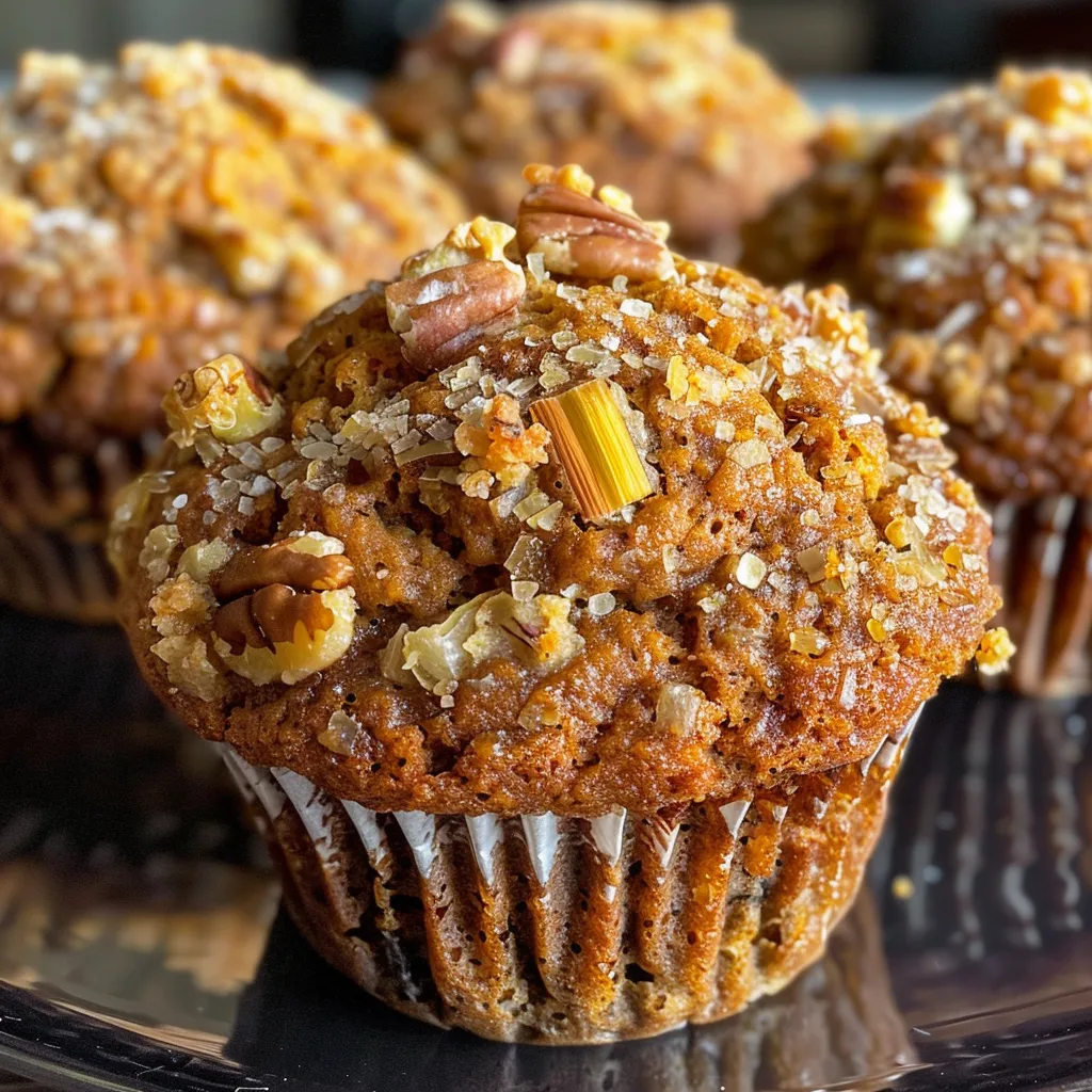 Side view of a delicious Morning Glory Muffin, highlighting chunks of carrots, nuts, and coconut.