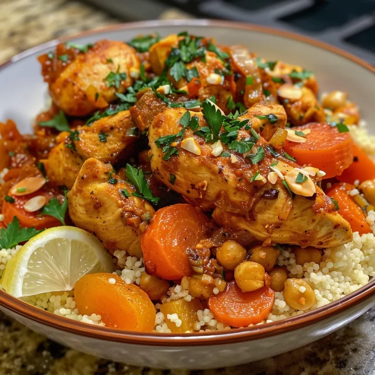 Juicy pieces of chicken and colorful vegetables in a couscous bowl with lemon wedges.