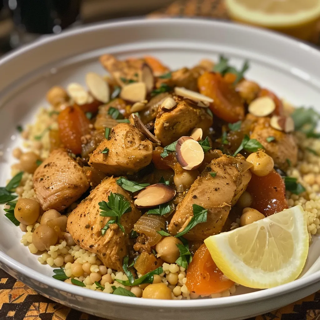 Detailed shot of Moroccan chicken couscous featuring spices and dried apricots.