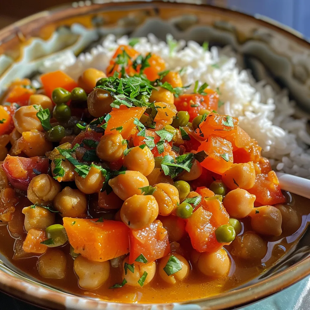Side view of a hearty bowl of Moroccan Spiced Chickpea Stew, showcasing colorful vegetables and chickpeas.