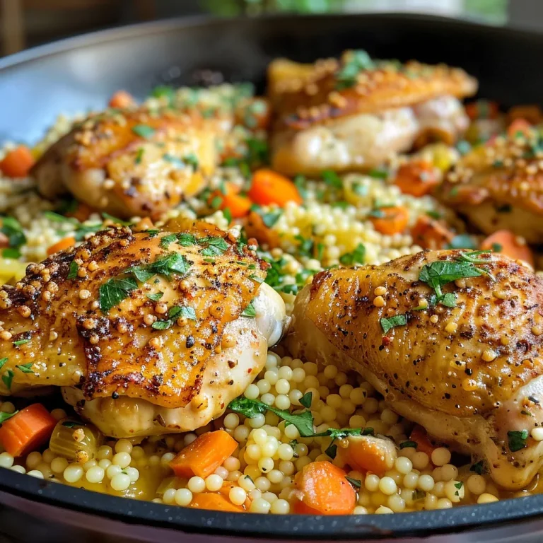 Colorful dish featuring cooked chicken thighs and pearl couscous garnished with herbs.
