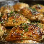 Juicy honey garlic chicken thighs on a plate, garnished with fresh thyme.