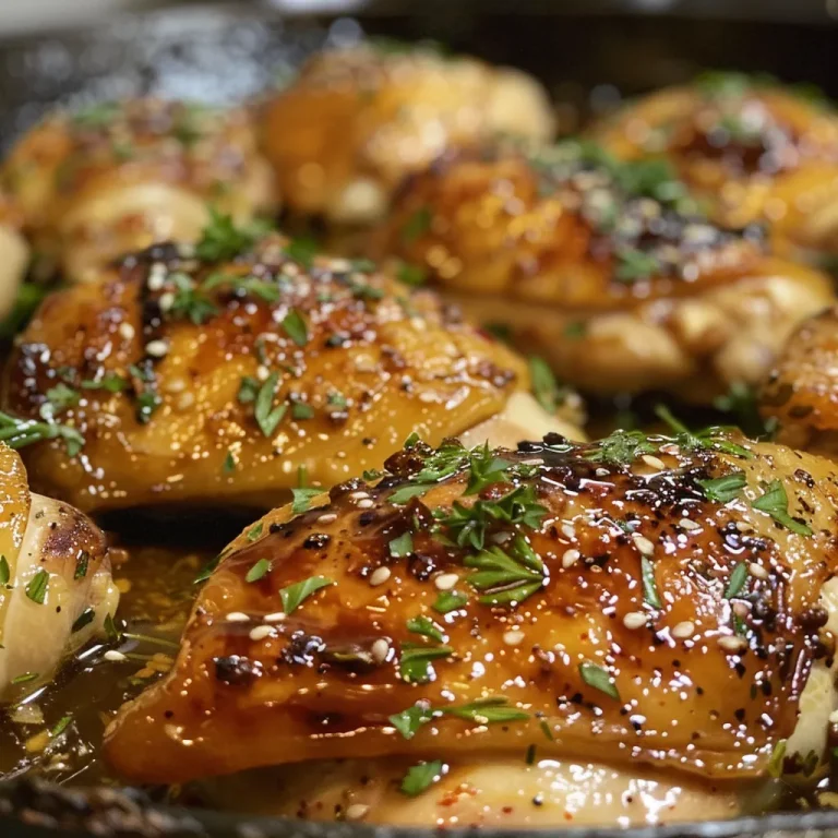 Juicy honey garlic chicken thighs on a plate, garnished with fresh thyme.