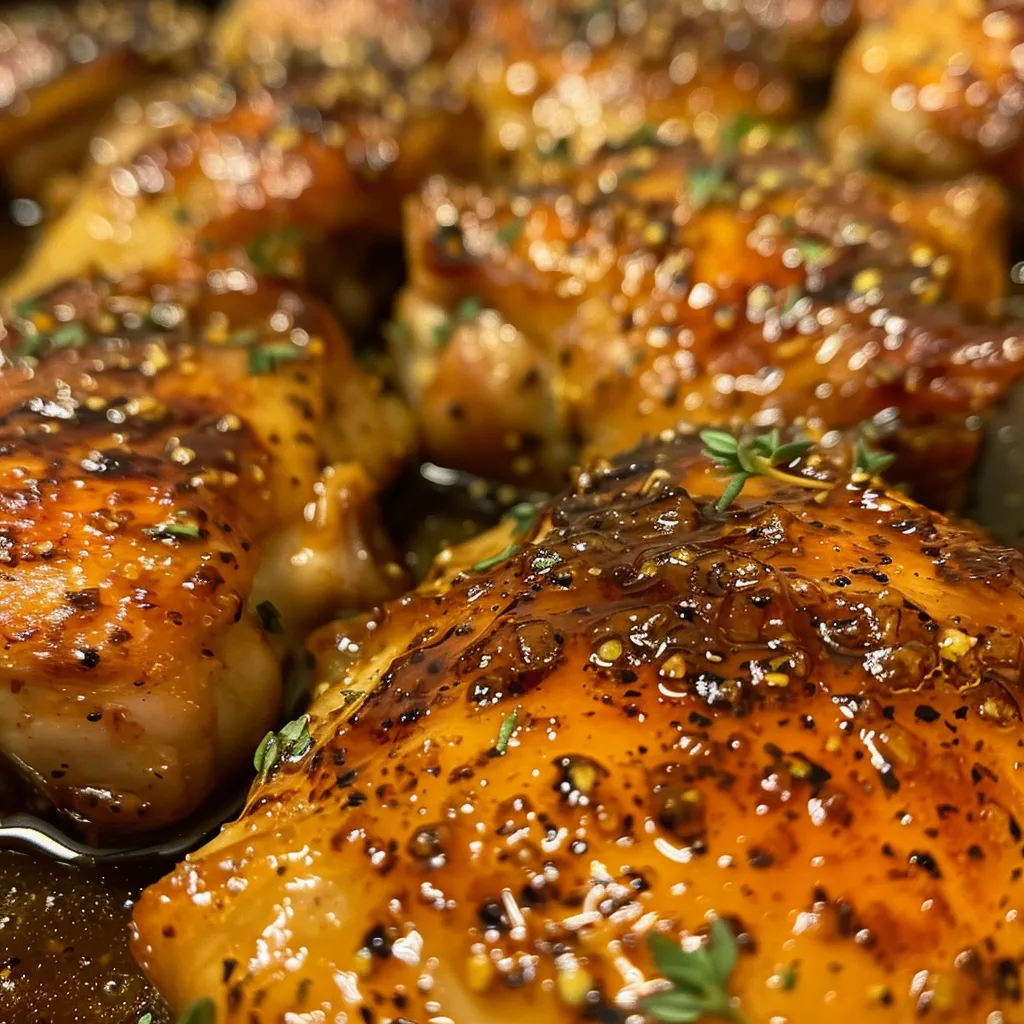 Close-up view of golden-brown chicken thighs with a sticky honey glaze.