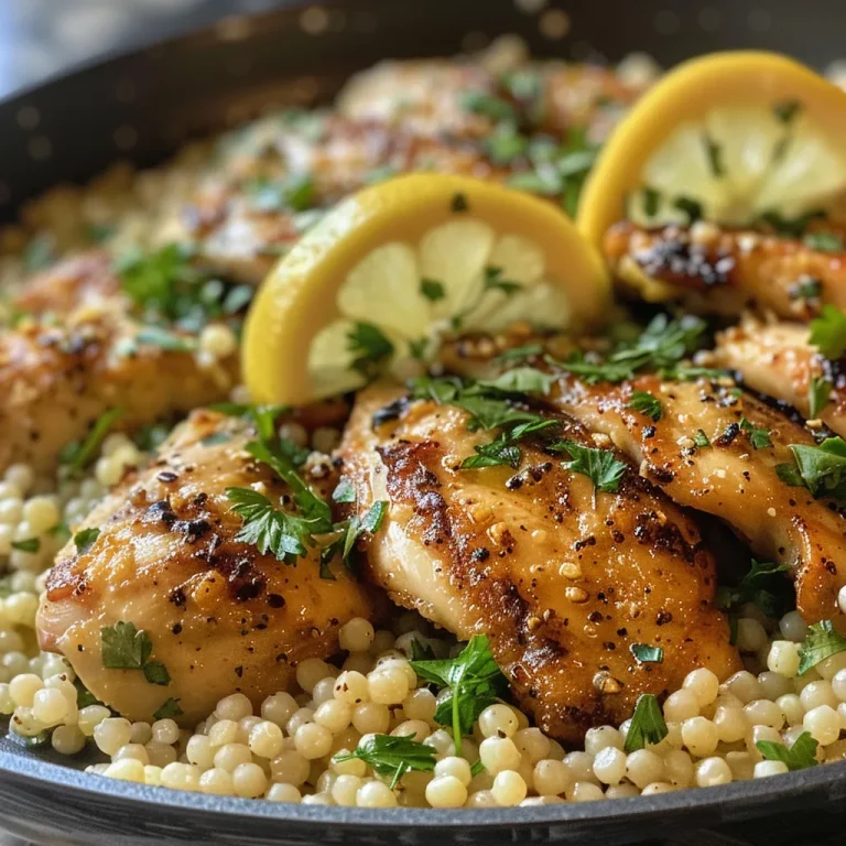 A vibrant dish showcasing tender chicken thighs and couscous, drizzled with lemon and herbs.