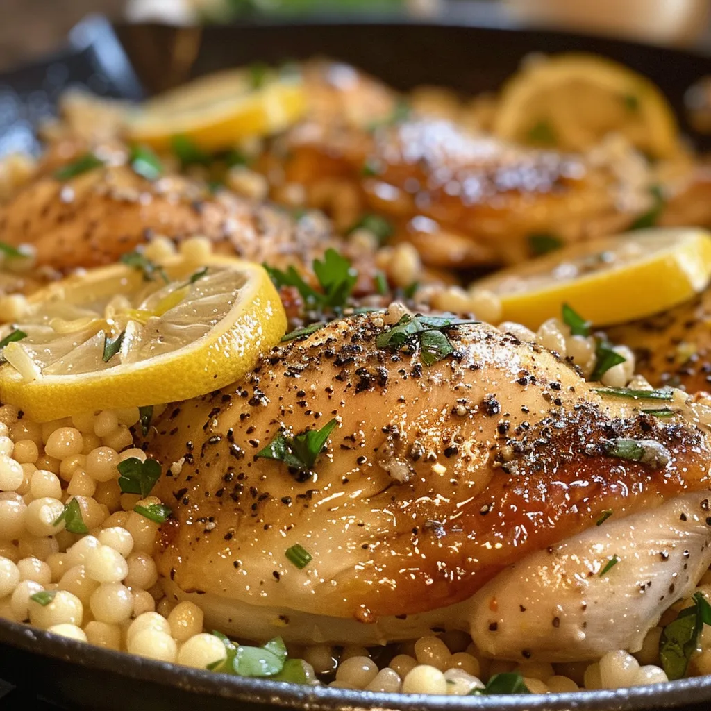 Close-up of a delicious lemon-infused chicken dish with pearl couscous, highlighted by fresh herbs.