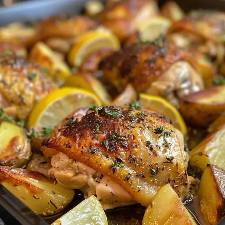 Succulent chicken thighs garnished with herbs and surrounded by roasted baby potatoes.