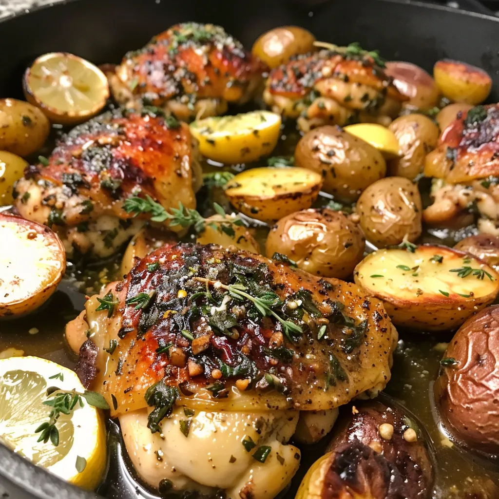 Side view of a savory one-pan lemon herb chicken and potatoes dish.