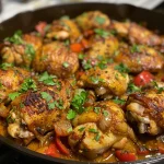Deliciously cooked chicken thighs surrounded by garlic, onions, and peppers.