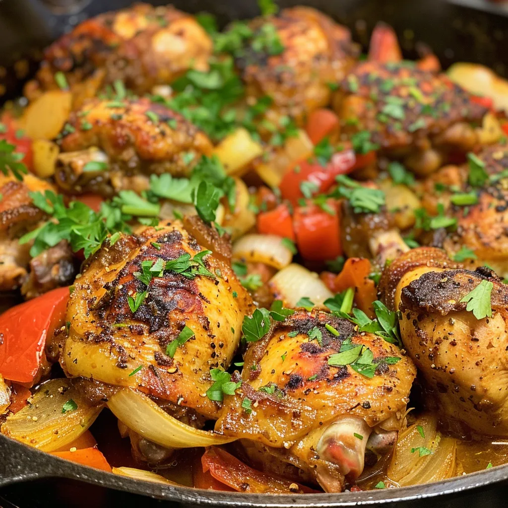 A tempting side view of One Pan Paprika Chicken resting in a pan.