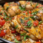 Close-up of succulent chicken with colorful vegetables and rice.