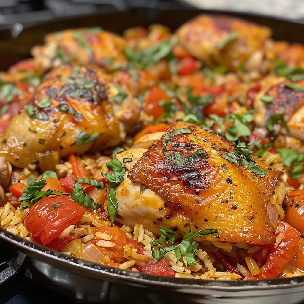 A delicious dish featuring chicken, tomatoes, and fresh basil in a pan.