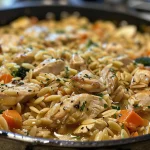 Detailed close-up of One-Pot Chicken Orzo showcasing ingredients like chicken, orzo, and vegetables.