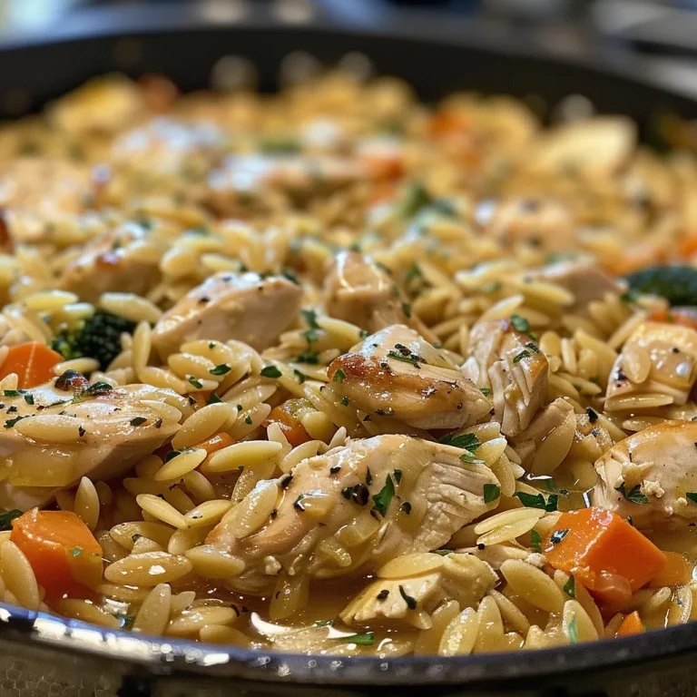 Detailed close-up of One-Pot Chicken Orzo showcasing ingredients like chicken, orzo, and vegetables.