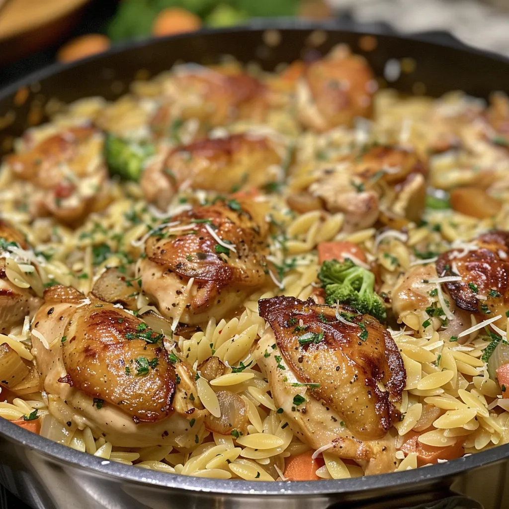 Yummy One-Pot Chicken Orzo in a bowl with melted Parmesan cheese on top.