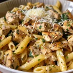 Delicious looking lemon garlic chicken pasta with vibrant colors and garnished with parsley.